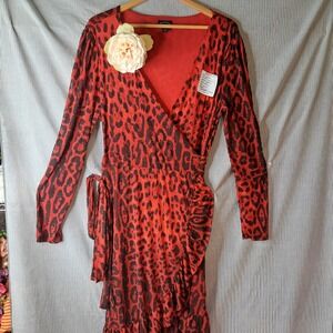 Scoop XL Red Leopard Print Long Sleeve Wrap Dress Ruffle Hem Party Sexy